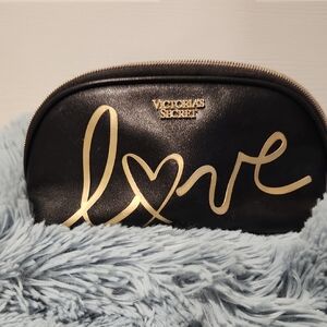 Victoria's Secret Black and Gold Cosmetic Bag with Cursive Design